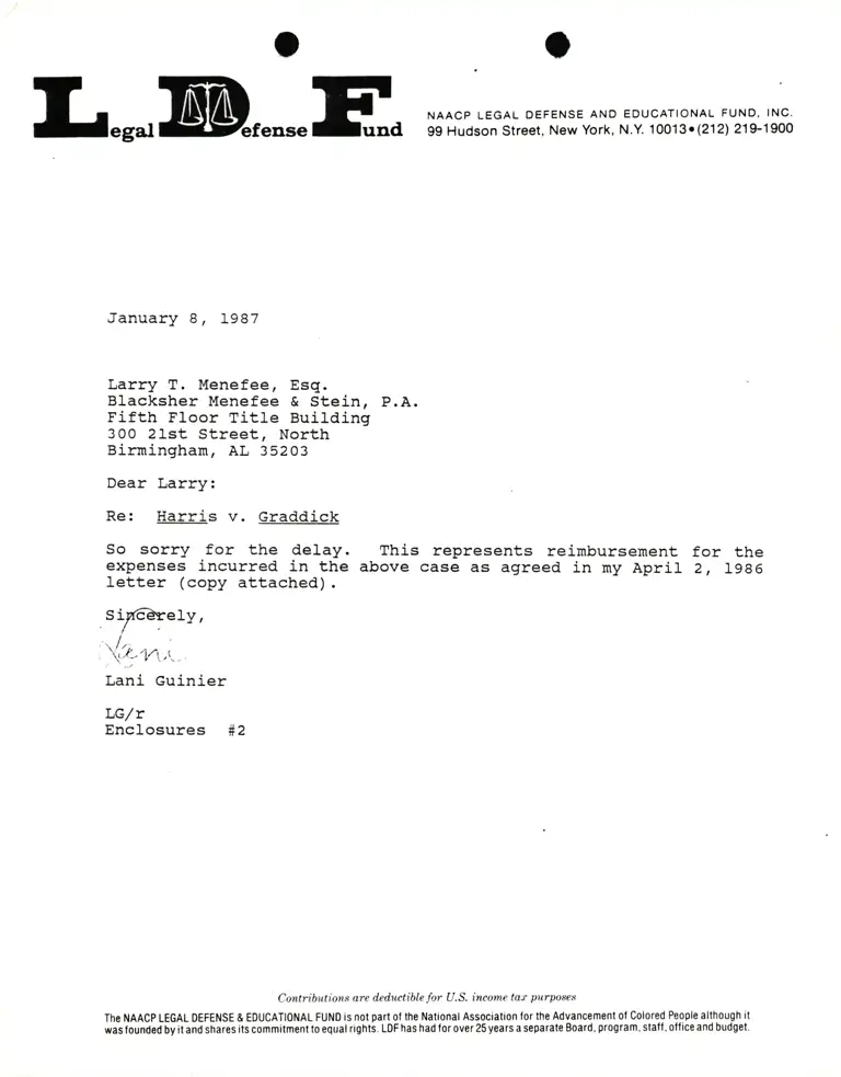 Correspondence from Lani Guinier to Larry T. Menefee, Esq. Re Harris v. Graddick preview