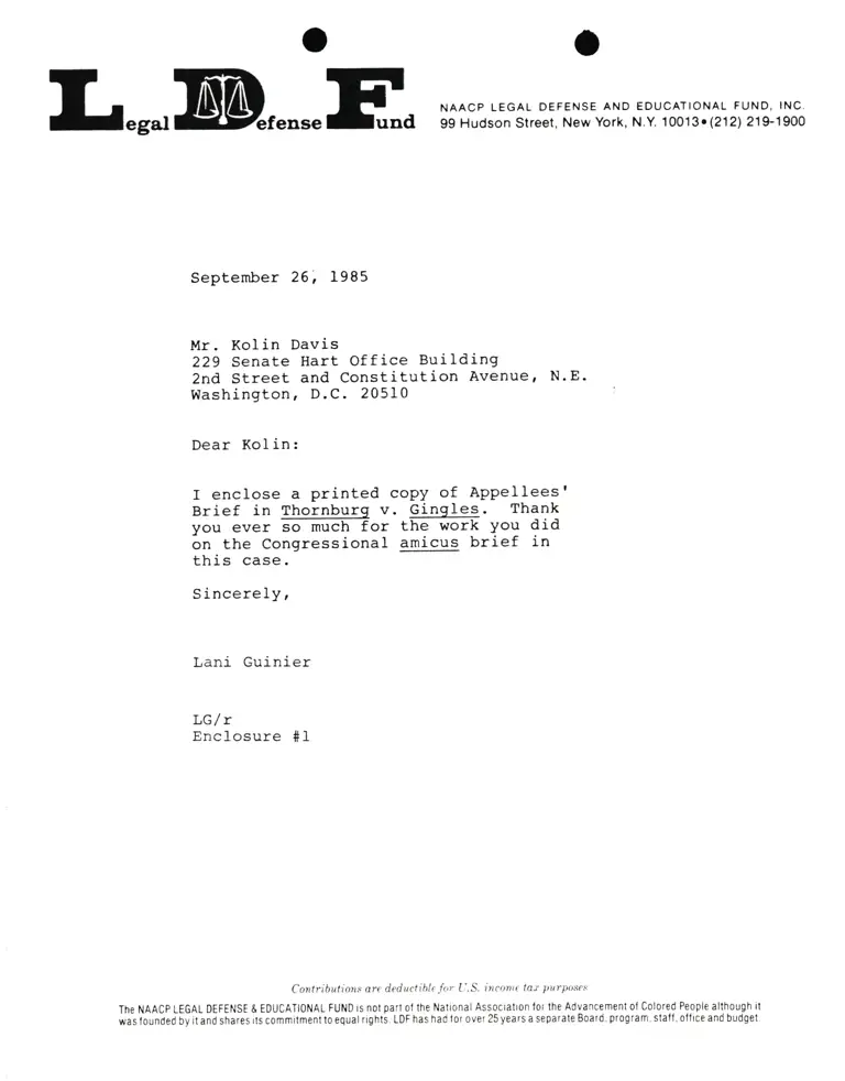 Correspondence from Lani Guinier to Kolin Davis Re Thornburg v. Gingles preview