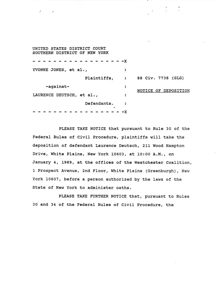 Jones v. Deutsch Notice of Deposition preview