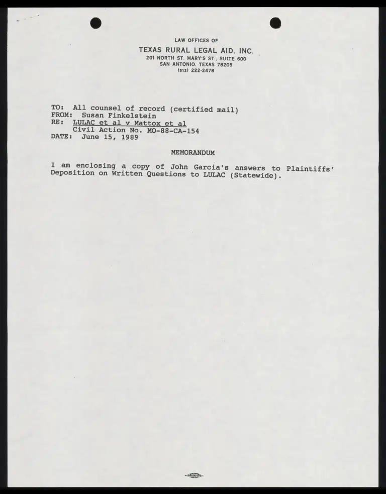 Responses of LULAC State Director John Garcia to Deposition on Written Questions preview