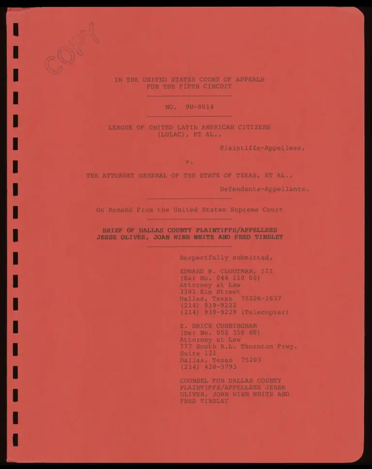 Brief of Dallas County Plaintiffs/Appellees Jesse Oliver Joan Winn White and Fred Tinsley preview