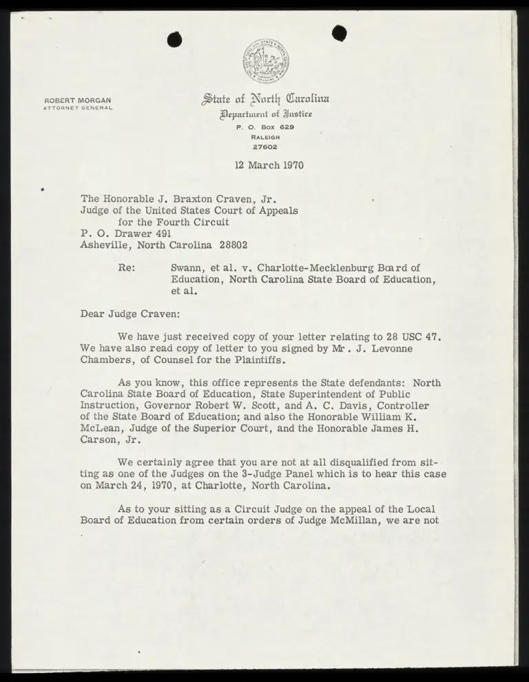 Letter from Attorney General Moody to Judge Craven RE: Qualification to Sit as a Circuit Judge preview