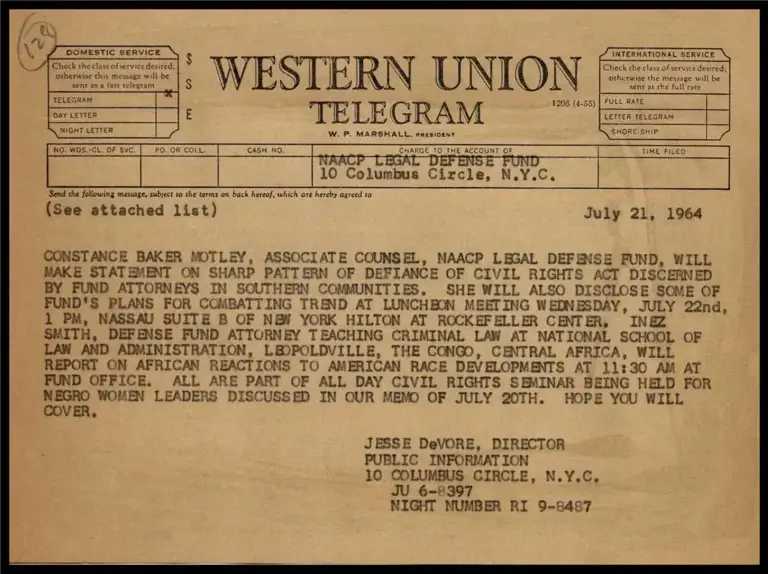 Motley to Speak on Pattern of Defiance of Civil Rights Act and Reveal LDF Plans for Fighting Same at Luncheon for Negro Women (Telegram) preview