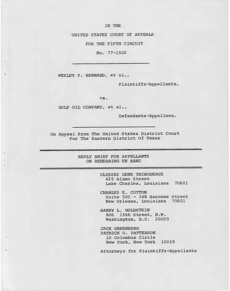 Bernard v. Gulf Oil Company Reply Brief for Appellants on Rehearing En Banc preview