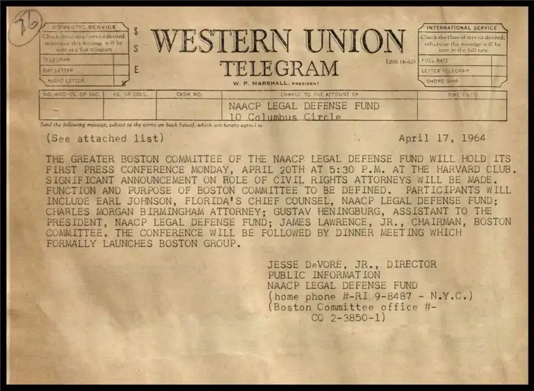 Telegram Announcement of 1st Press Conf. of Greater Boston Committee preview