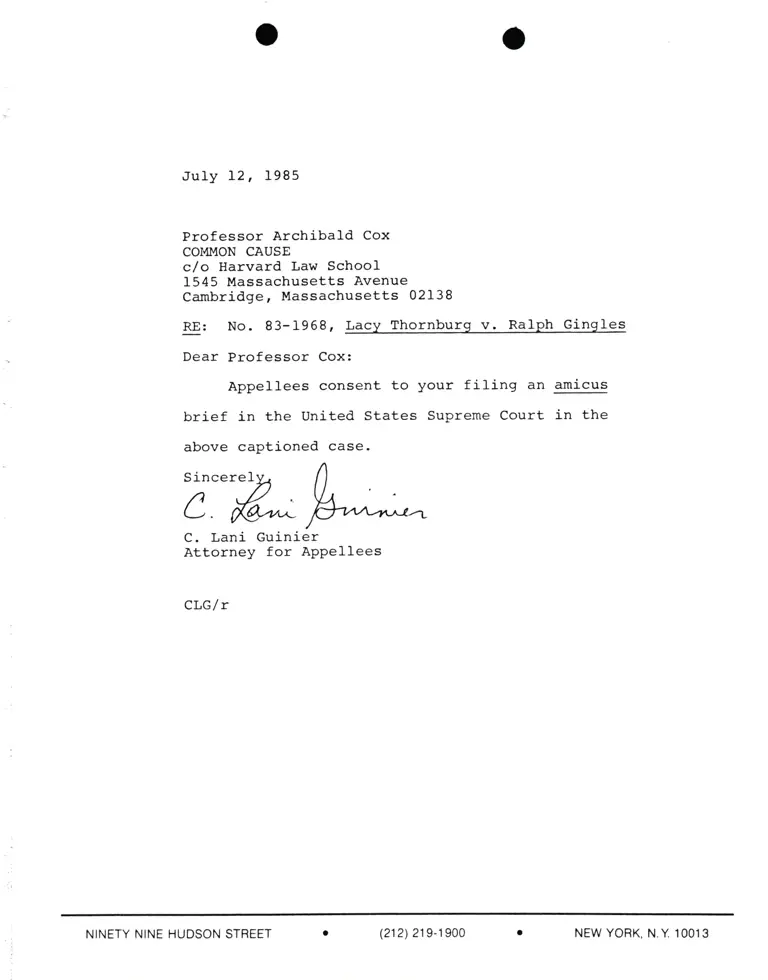 Correspondence from Lani Guinier to Prof. Archibald Cox Re Thornburg v. Gingles Amicus Brief preview