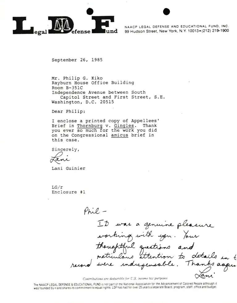 Correspondence from Lani Guinier to Philip G. Kiko Re Thornburg v. Gingles preview