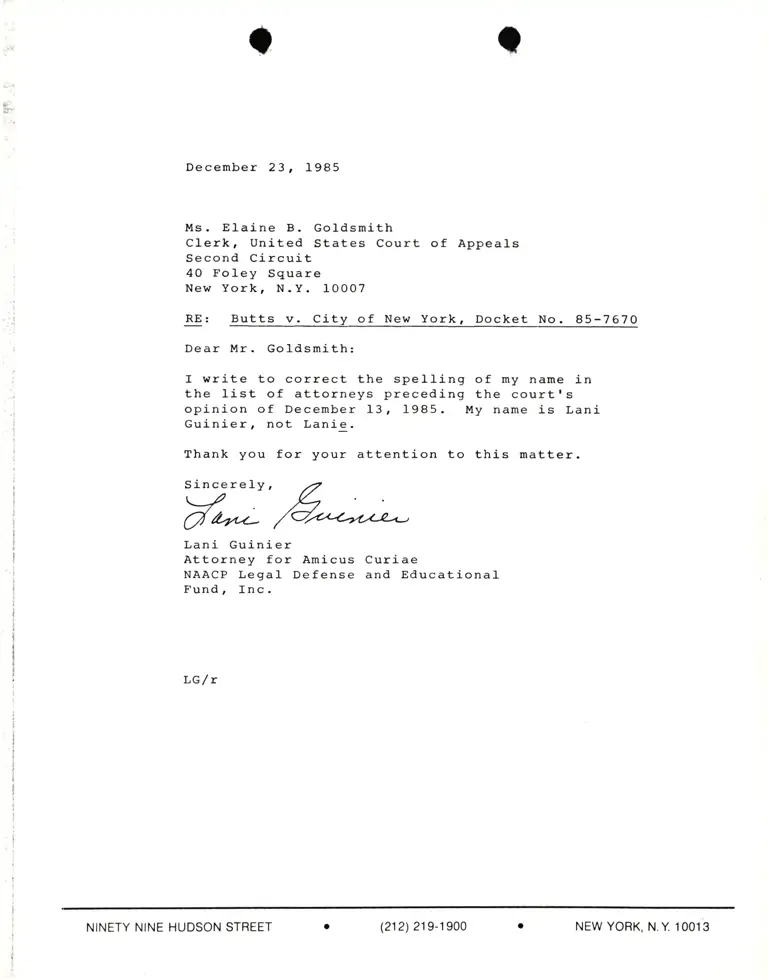 Correspondence from Lani Guinier to Elaine B. Goldsmith (Clerk) Re: Butts v. City of New York preview