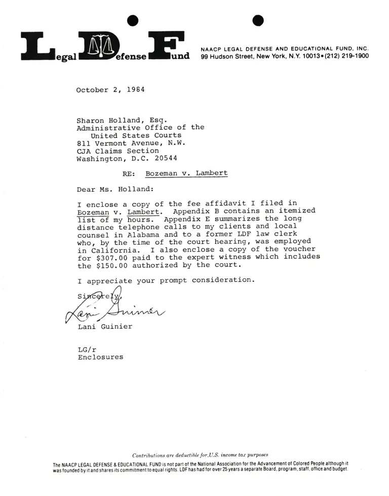 Letter from Lani Guinier to Sharon Holland RE Bozeman v. Lambert Fees preview