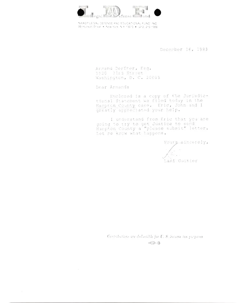 Correspondence from Lani Guinier to Armand Derfner Re: NAACP v. Hampton County preview