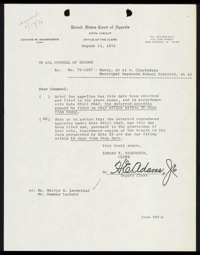 Correspondence from Clerk to Counsel Re: Filing of Deferred Appendix preview