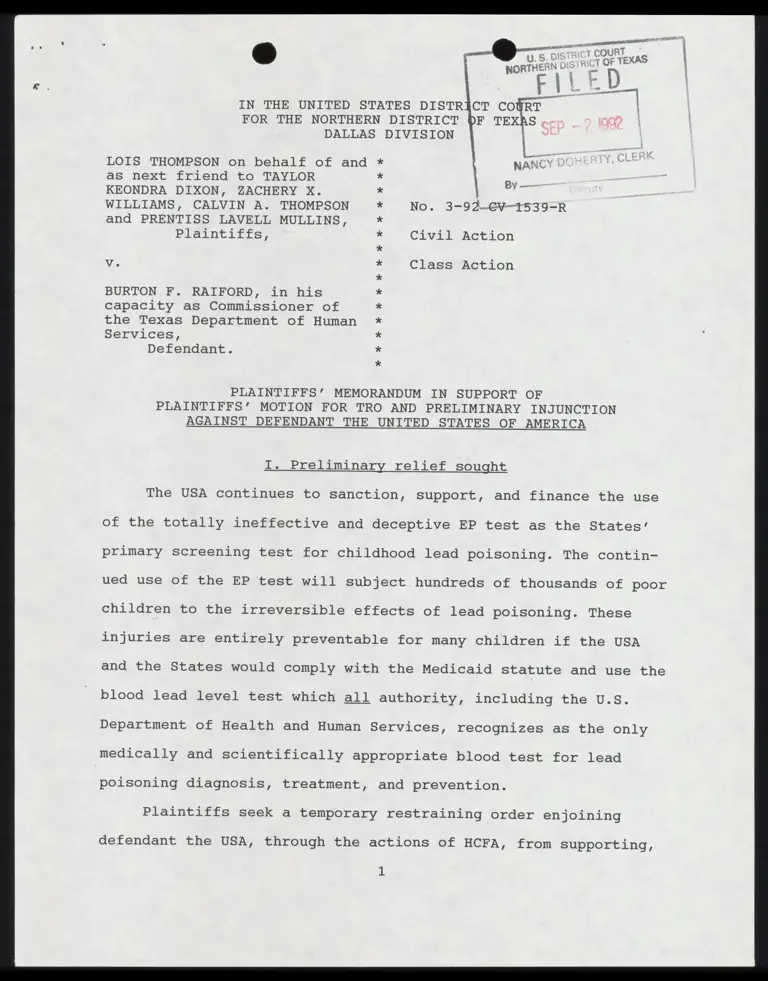 Plaintiffs' Memo in Support of Motion for Tro and Preliminary Injunction Against Defendant with Certificate of Service preview