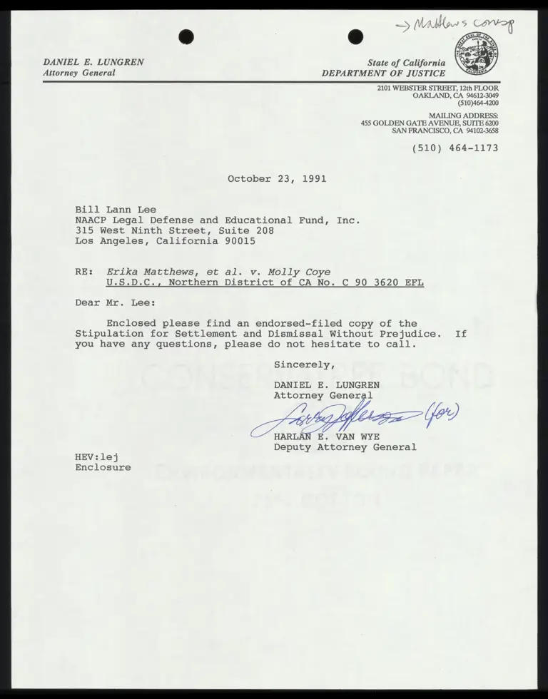 Correspondence from Van Wye to Lee preview