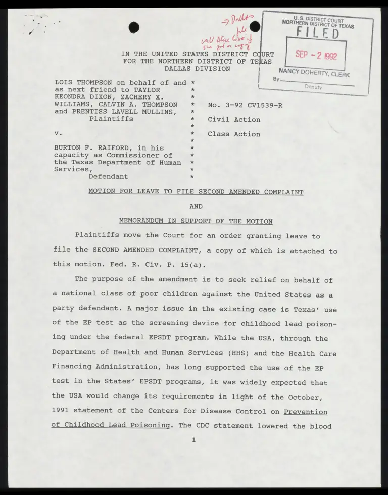 Motion for Leave to File Second Amended Complaint and Memo in Support with Certificate of Service and Conference preview