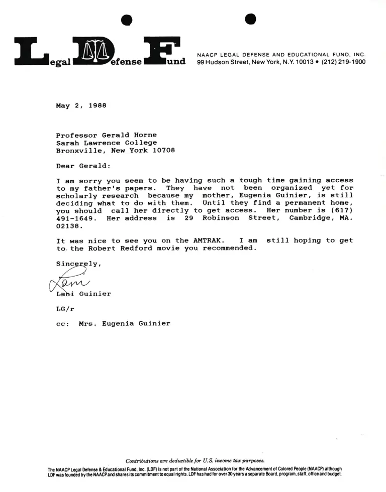 Correspondence from Lani Guinier to Prof. Gerald Horne preview