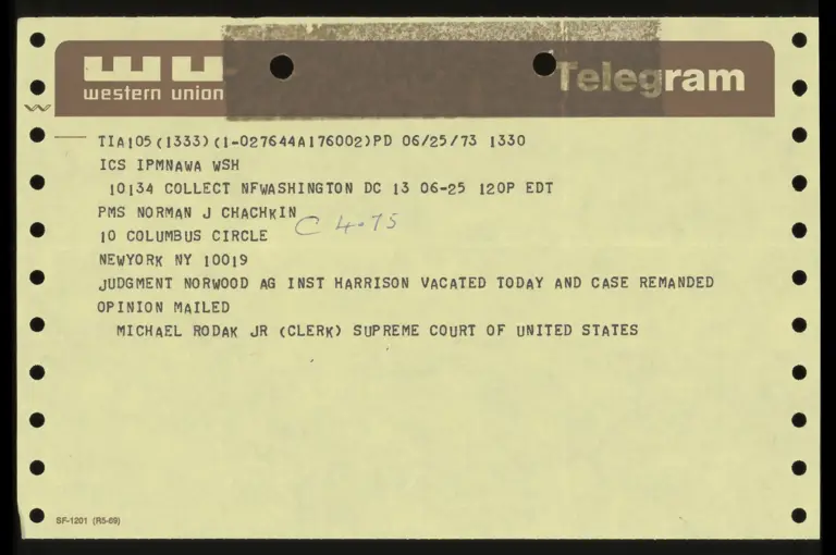 Telegram from Clerk to Chachkin Re: Judgment vacated and remanded preview