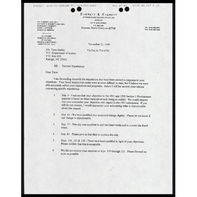Letter from Everett to opposing counsel RE: Revised stipulations preview