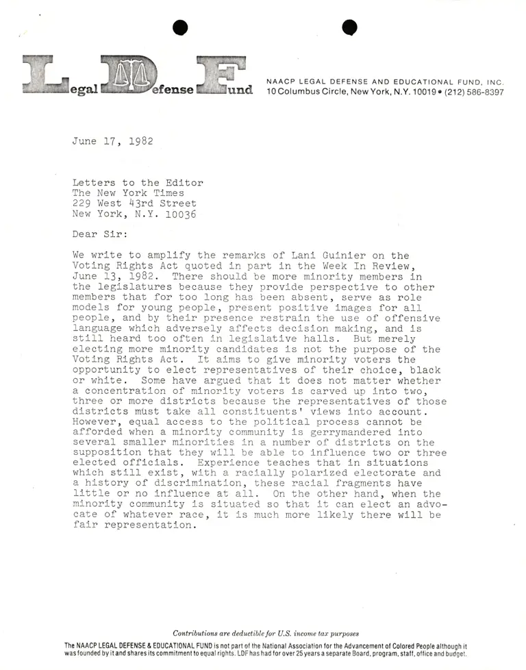 Letter from Lani Guinier to New York Times Editor re Voting Rights Act preview