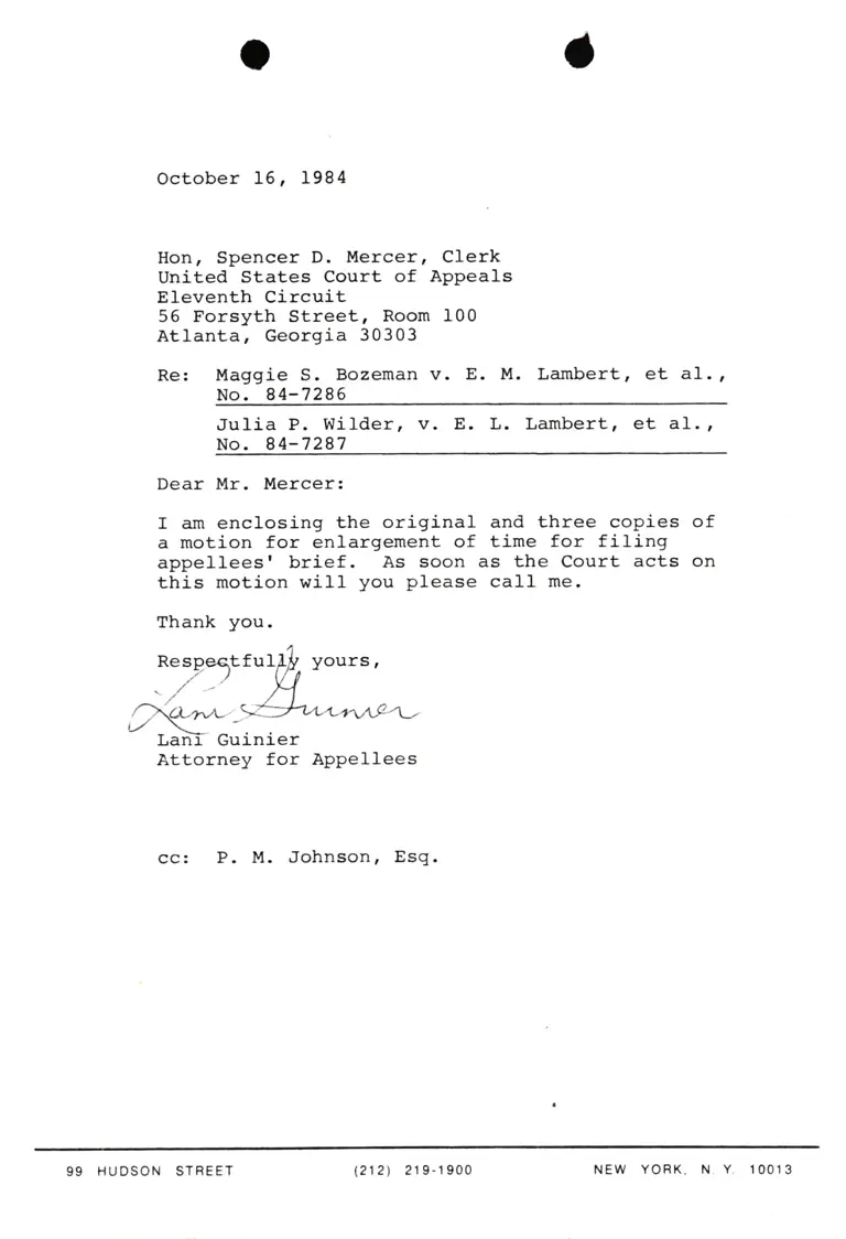 Letter from Lani Guinier to Spencer D. Mercer (Clerk) RE: Bozeman v. Lambert and Wilder v. Lambert preview