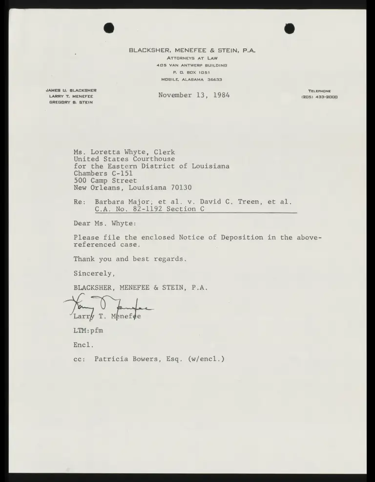 Correspondence from Menefee to Whyte (Clerk); Notice of Deposition preview