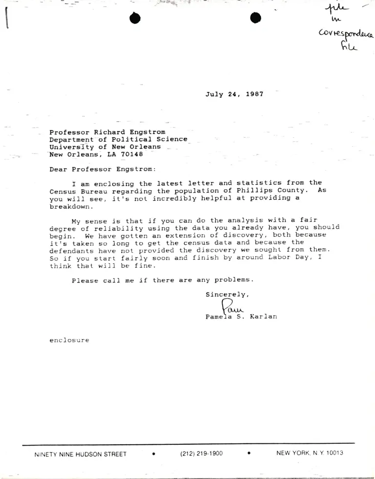 Correspondence from Pamela Karlan to Prof. Richard Engstrom preview