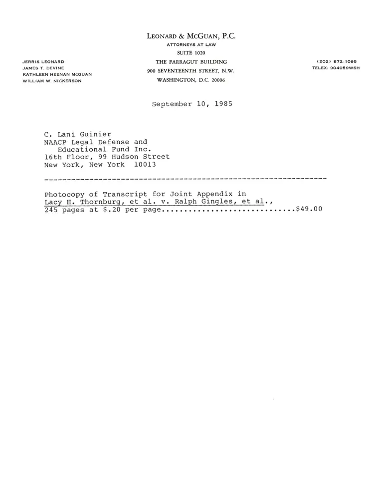 Photocopy Receipt from Leonard to Guinier preview