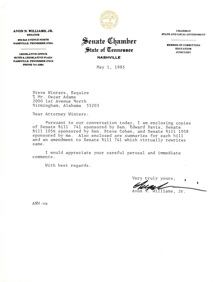 Correspondence from Williams to Winters Re: Senate Bill 741 preview