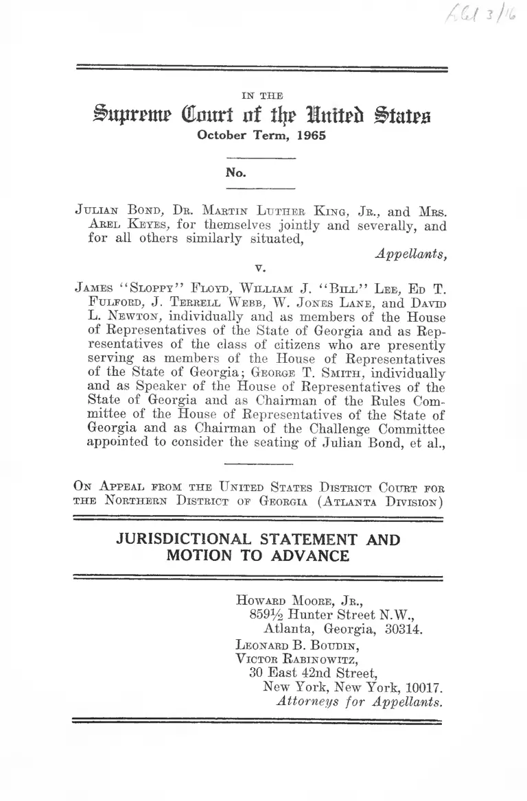 Bond v. Floyd Jurisdictional Statement and Motion to Advance preview