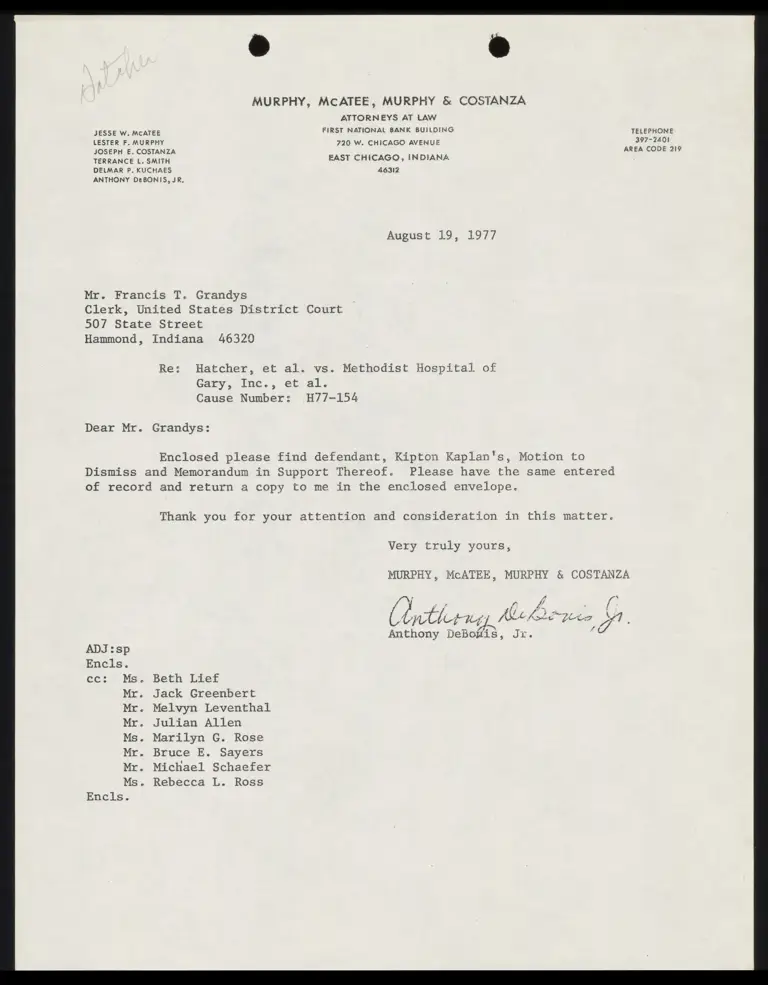 Correspondence from DeBonis to Clerk Re: Motion to Dismiss preview