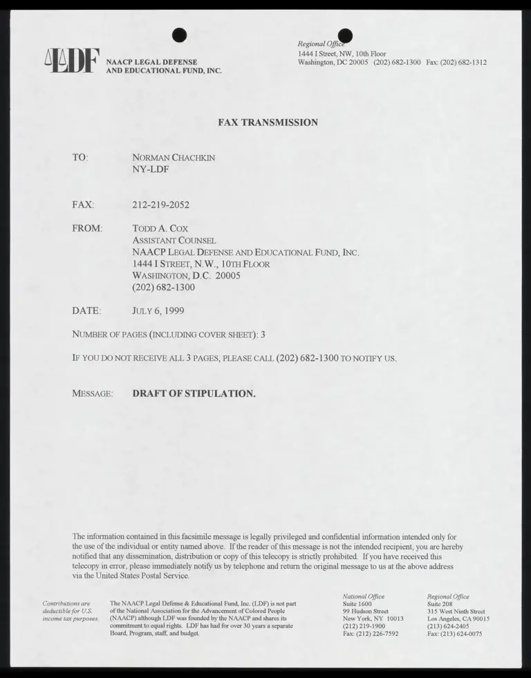 Fax to Norman Chachkin re: draft of stipulations preview