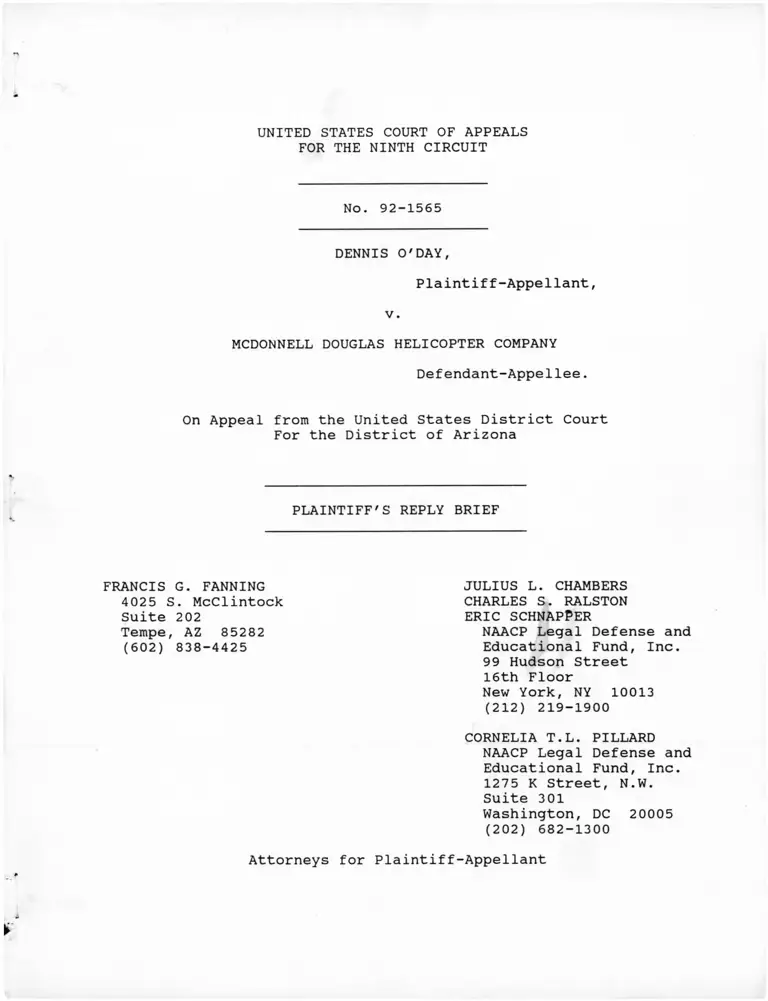 O'Day v. McDonnell Douglas Helicopter Company Plaintiff's Reply Brief preview