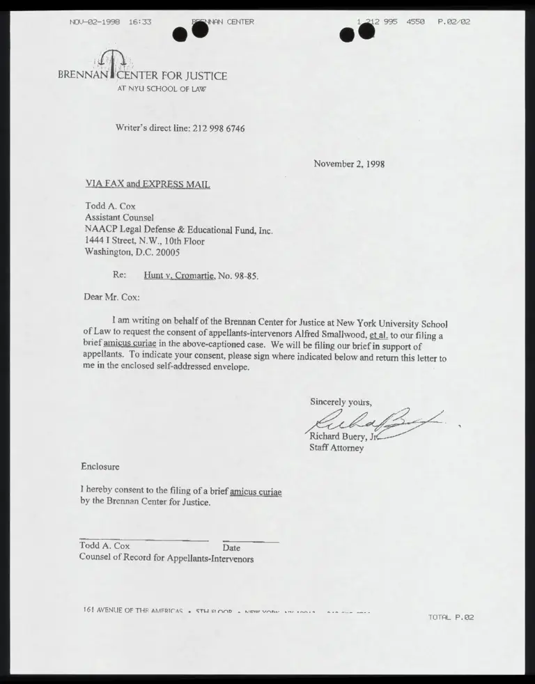 Letter From Buery, Jr. to Cox RE: Request For Consent Of Appellants-Intervenors To Filing Of Amicus Brief preview