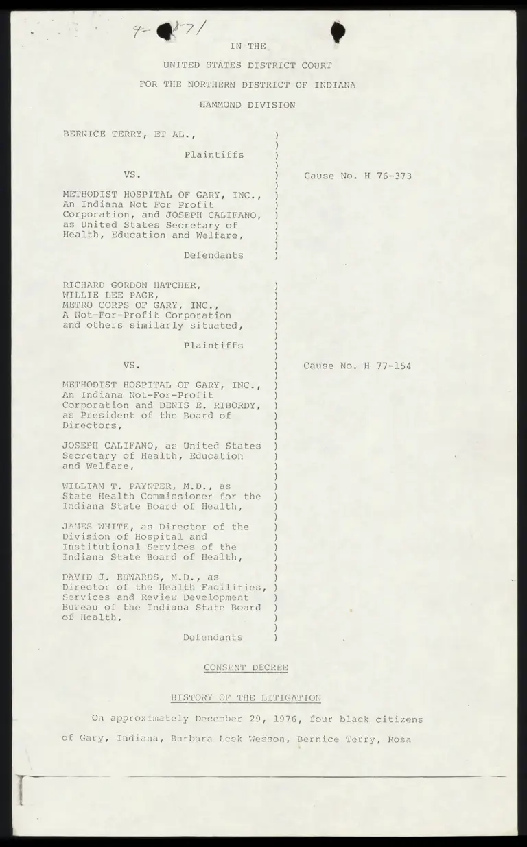 Consent Decree; Notice of Proposed Settlement and Hearing; Joint Motion for Approval and for Hearing; Findings of Fact preview