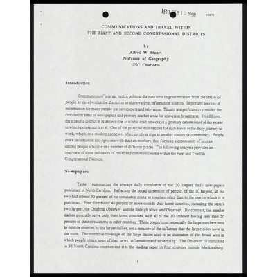 Communications and Travel Between the First and Second Congressional Districts by Professor Alfred W. Stuart preview