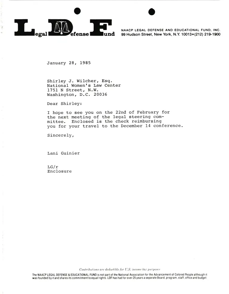Correspondence from Lani Guinier to Shirley J. Wilcher, Esq. (National Women's Law Center) preview