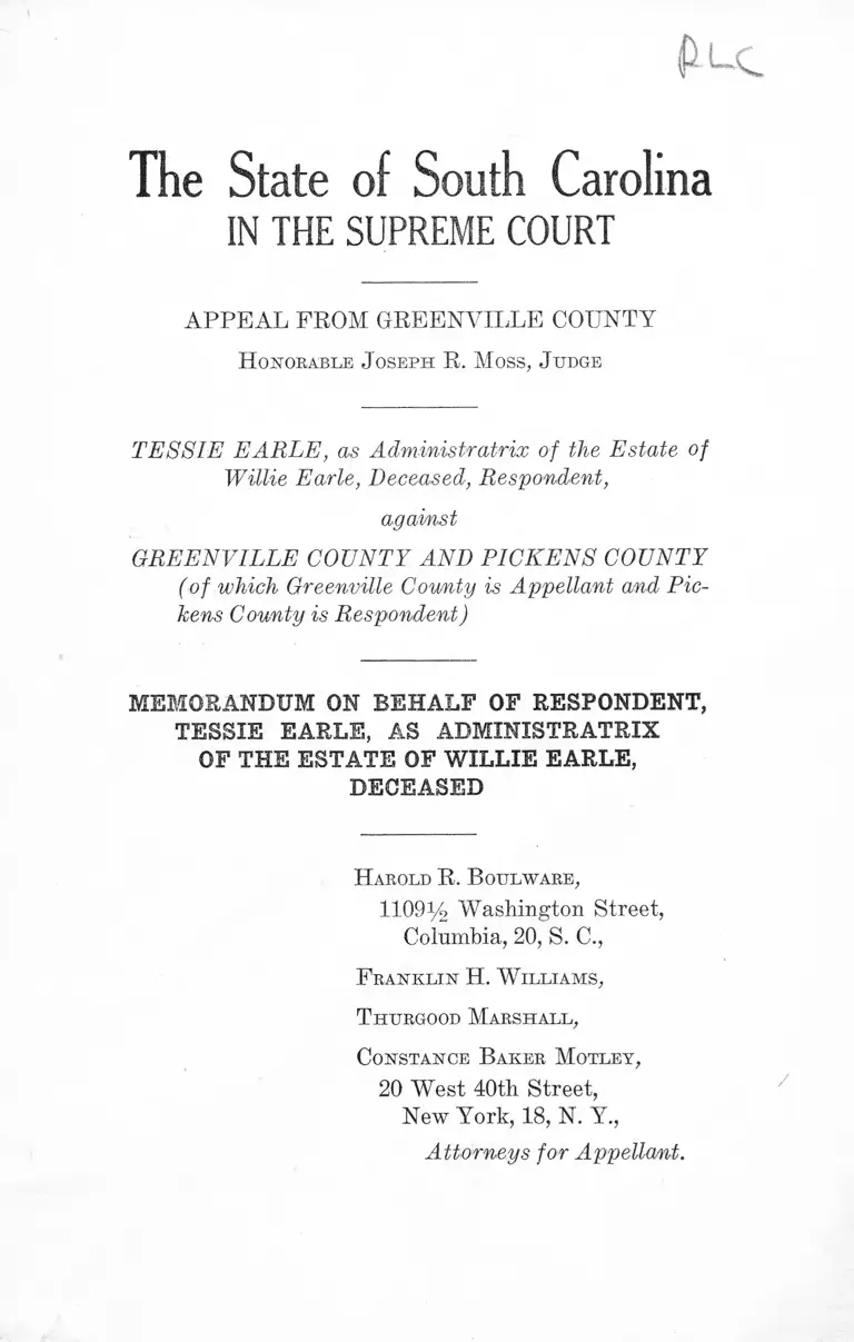 Earle v. Greenville County Memorandum on Behalf of Respondent, Tessie Earle preview