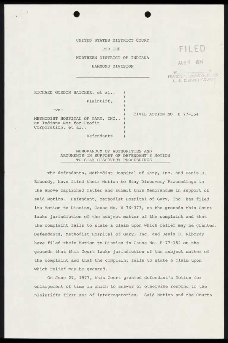 Motion to Stay Discovery Proceedings and Memorandum of Authorities and Arguments in Support preview