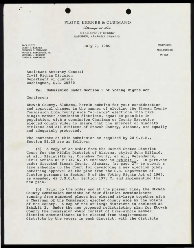 Correspondence from Floyd to Assistant Attorney General Re Submission Under Section 5 of Voting Rights Act (Redacted) preview