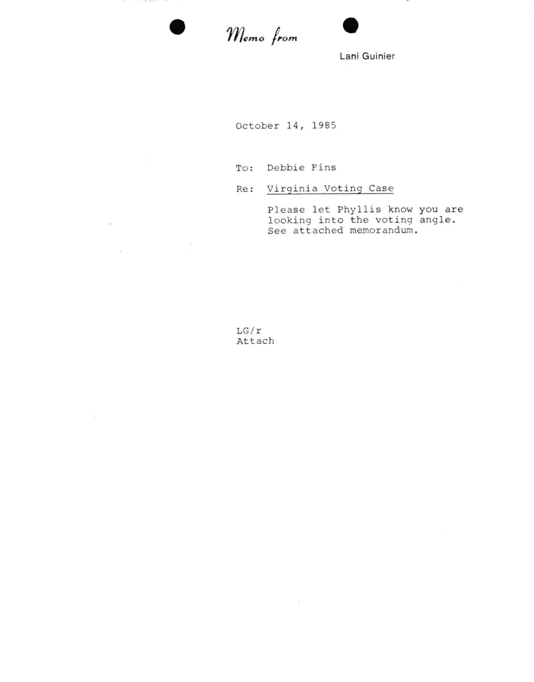Memorandum from Lani Guinier to Debbie Fins Re Virginia Voting Case; Memorandum from Phyllis McClure to Julius Chambers Re: James City County/Williamsburg preview