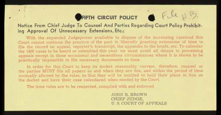 Notice from Judge to Counsel Re: Extension Policy; Memo from Clerk to Counsel Re: Bill of Costs preview