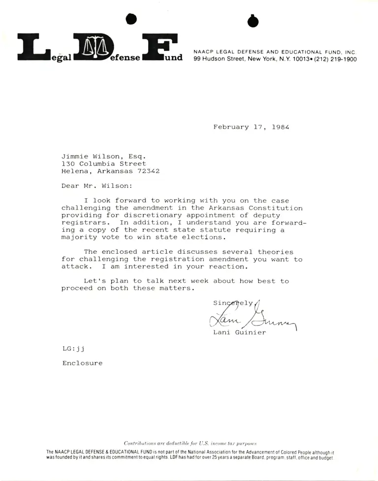 Letter from Lani Guinier to Jimmie Wilson Esq. Re: Arkansas state constitutional amendment preview