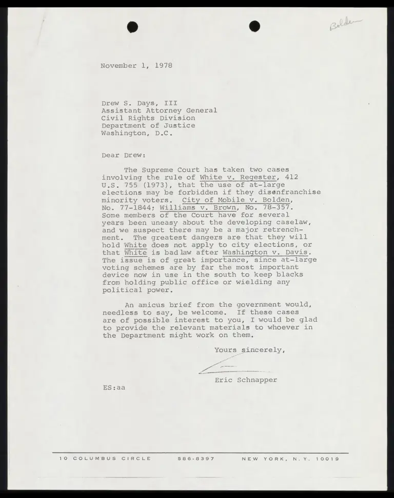 Correspondence from Schnapper to Days preview