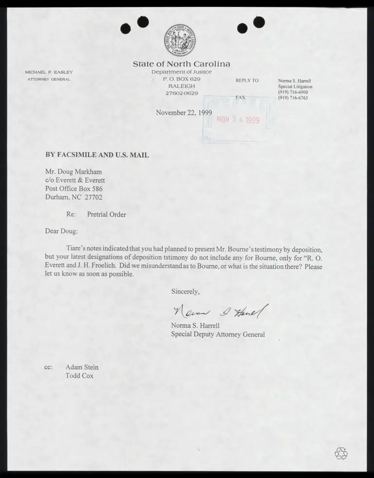 Letter to Markham from Harrell RE Pretrial order preview