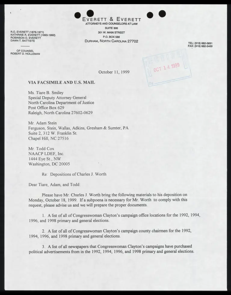 Letter from Markham to opposing counsel RE Deposition of Charles Worth preview