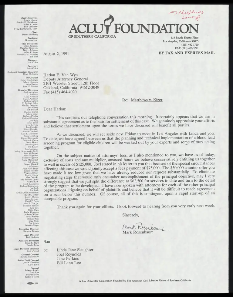 Correspondence from Rosenbaum to Van Wye preview