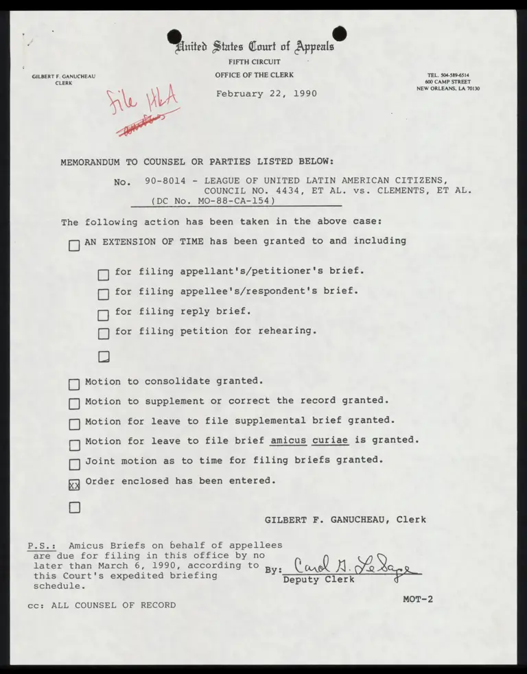 Memo from Clerk to Counsel with Order Granting Brasher Motion preview