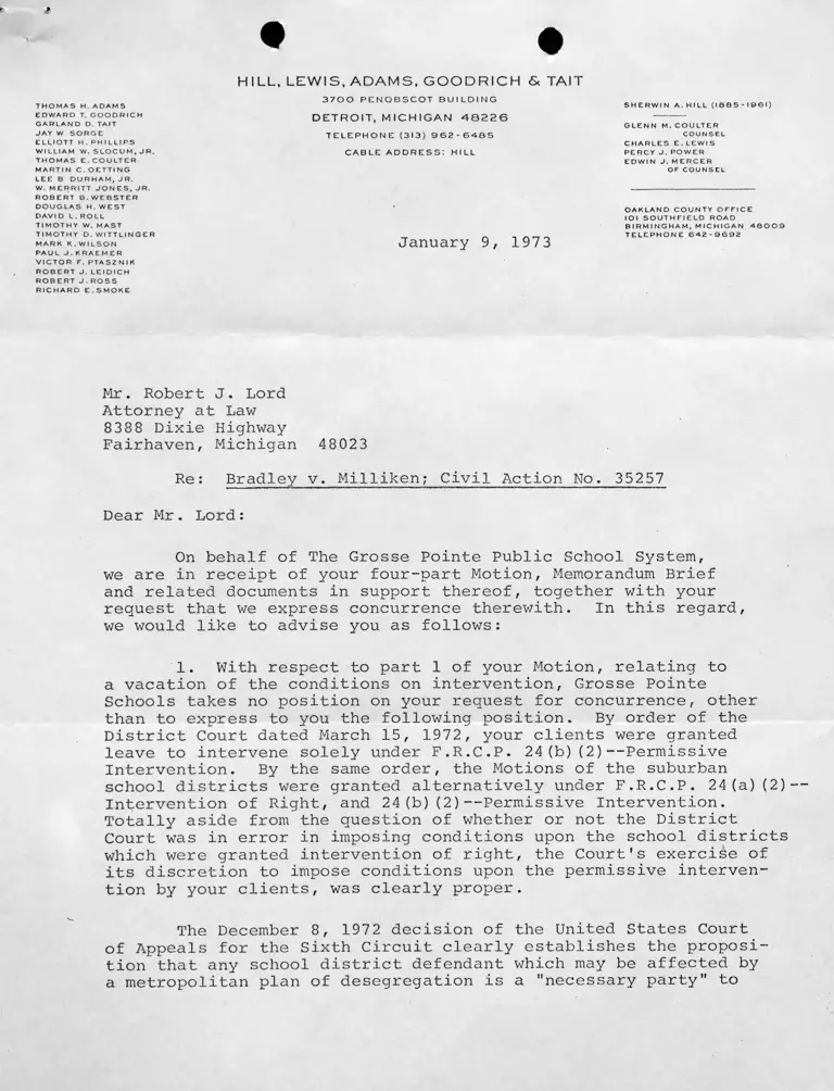 Letter from West to Lord RE Motion, Memorandum Brief and Supporting Documents preview
