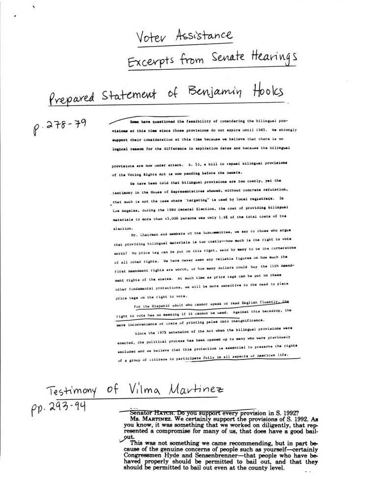 Excerpts from Senate Hearings: Voter Assistance (Prepared Statements and Testimony) preview