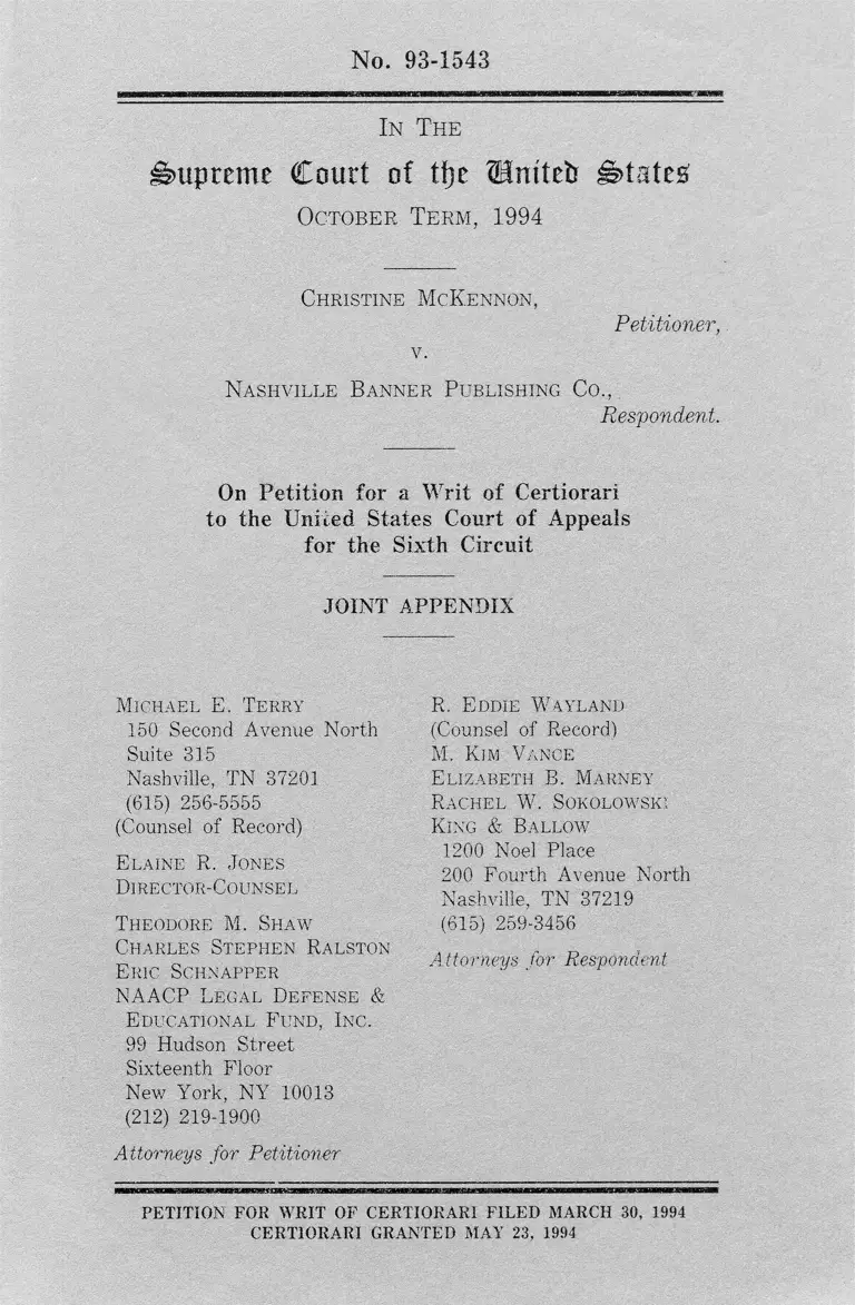 McKennon v. Nashville Banner Publishing Co. Joint Appendix preview