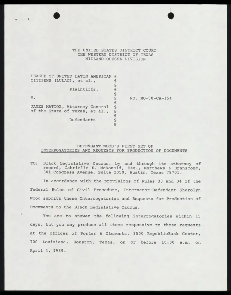 Defendant Wood's First Set of Interrogatories and Requests for Production of Documents to The Black Legislative Caucus preview